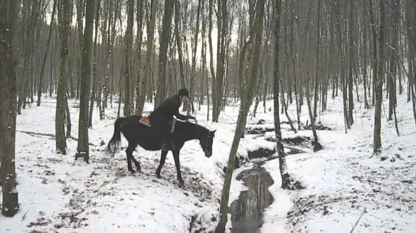 Skakanje konjima preko potoka zimi po zaleđenom terenu